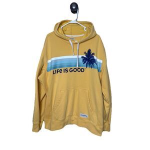 Life is Good Hoodie Sweatshirt Mens XL Thick Heavy Yellow Blue Cotton